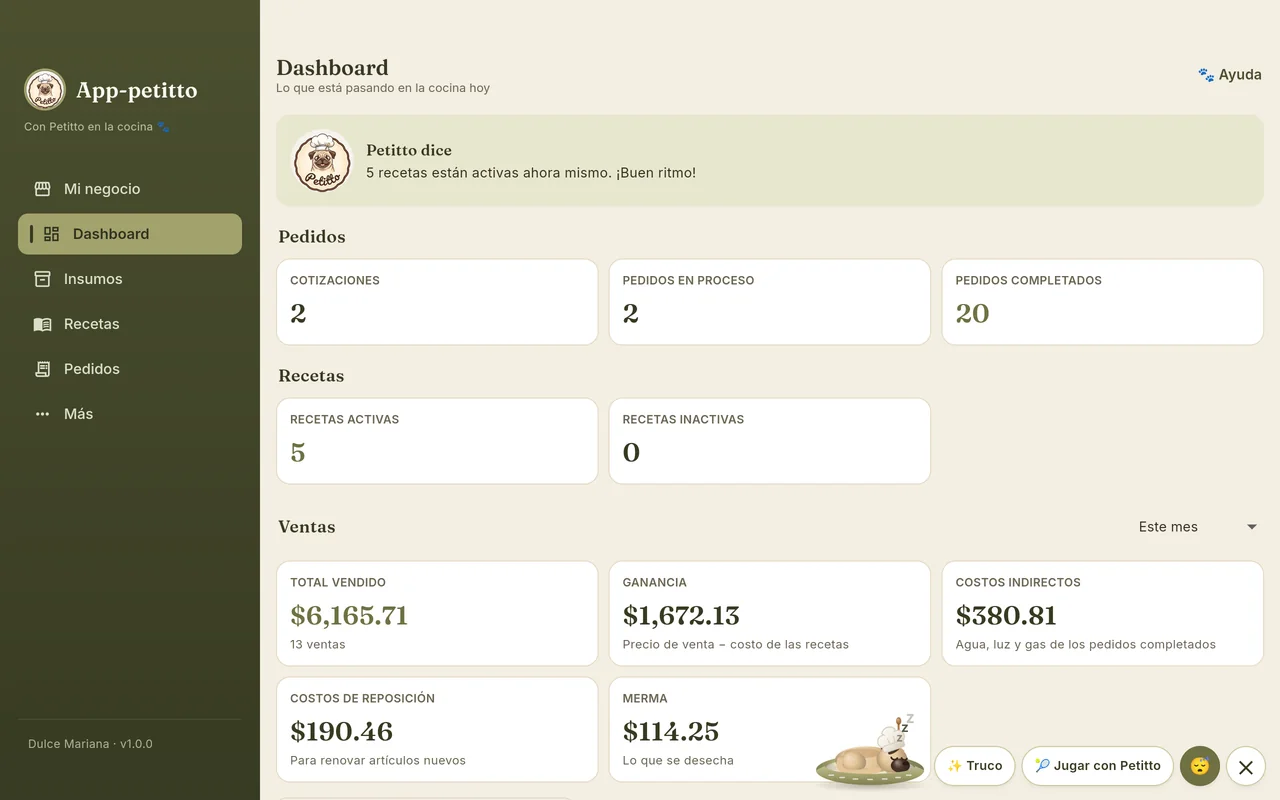 Tablero de App-petitto en una tablet: cotizaciones, pedidos, recetas y ventas del mes