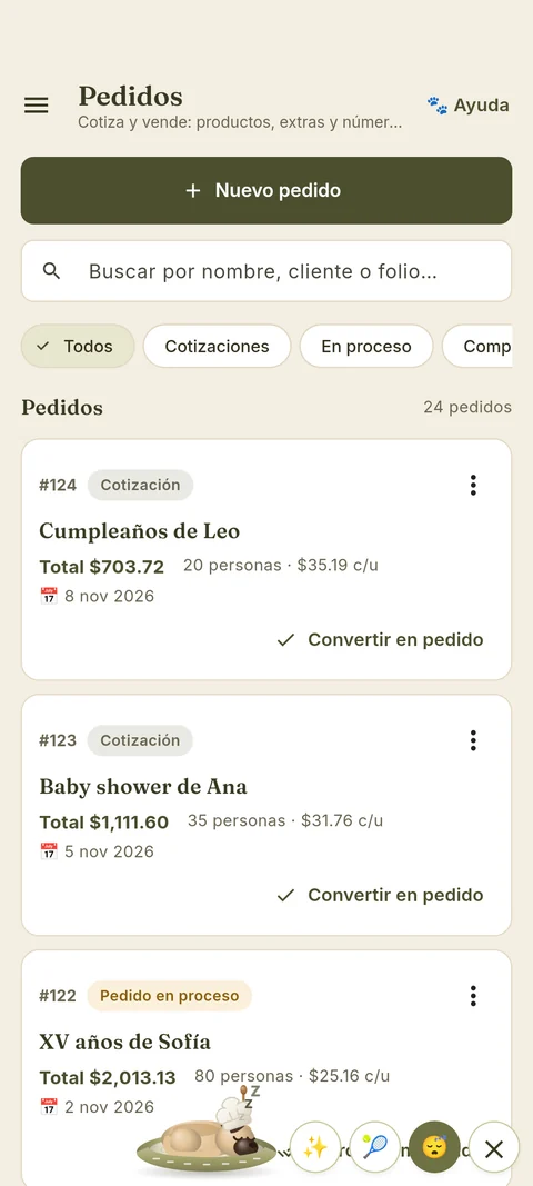 Lista de pedidos y cotizaciones de App-petitto en un teléfono